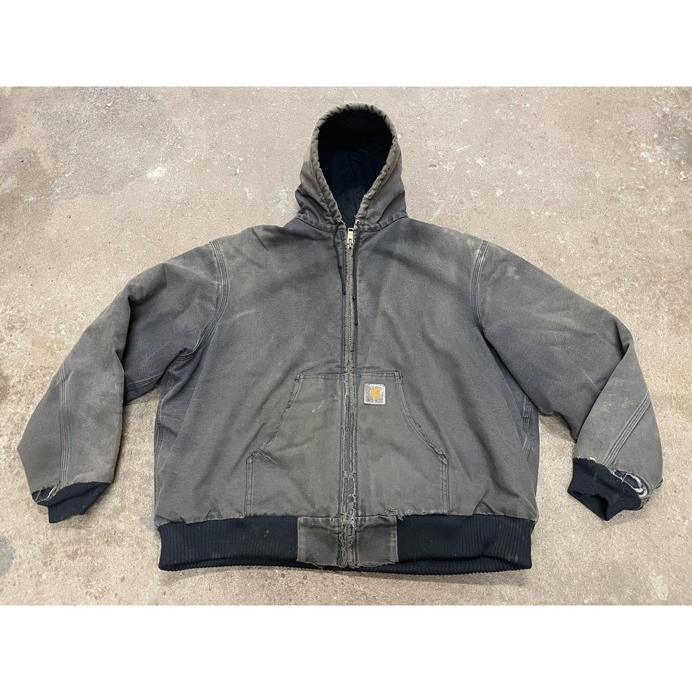 Vintage Carhartt Jacket Mens 2XL Gray Hooded Canvas Workwear Bomber 90s J04